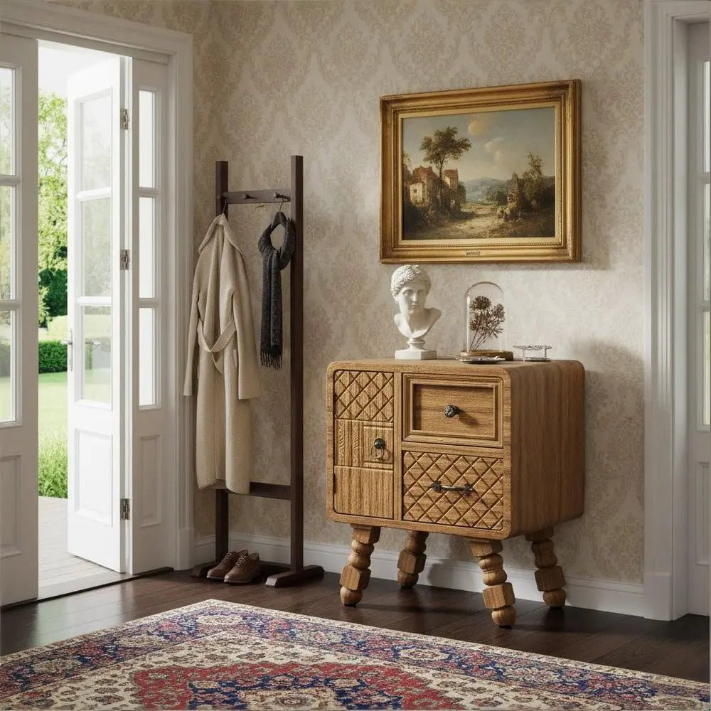 37" Sepia Solid Wood Console Accent Cabinet With Single Door And Two Drawers - NOBLE HOME INTERIORS