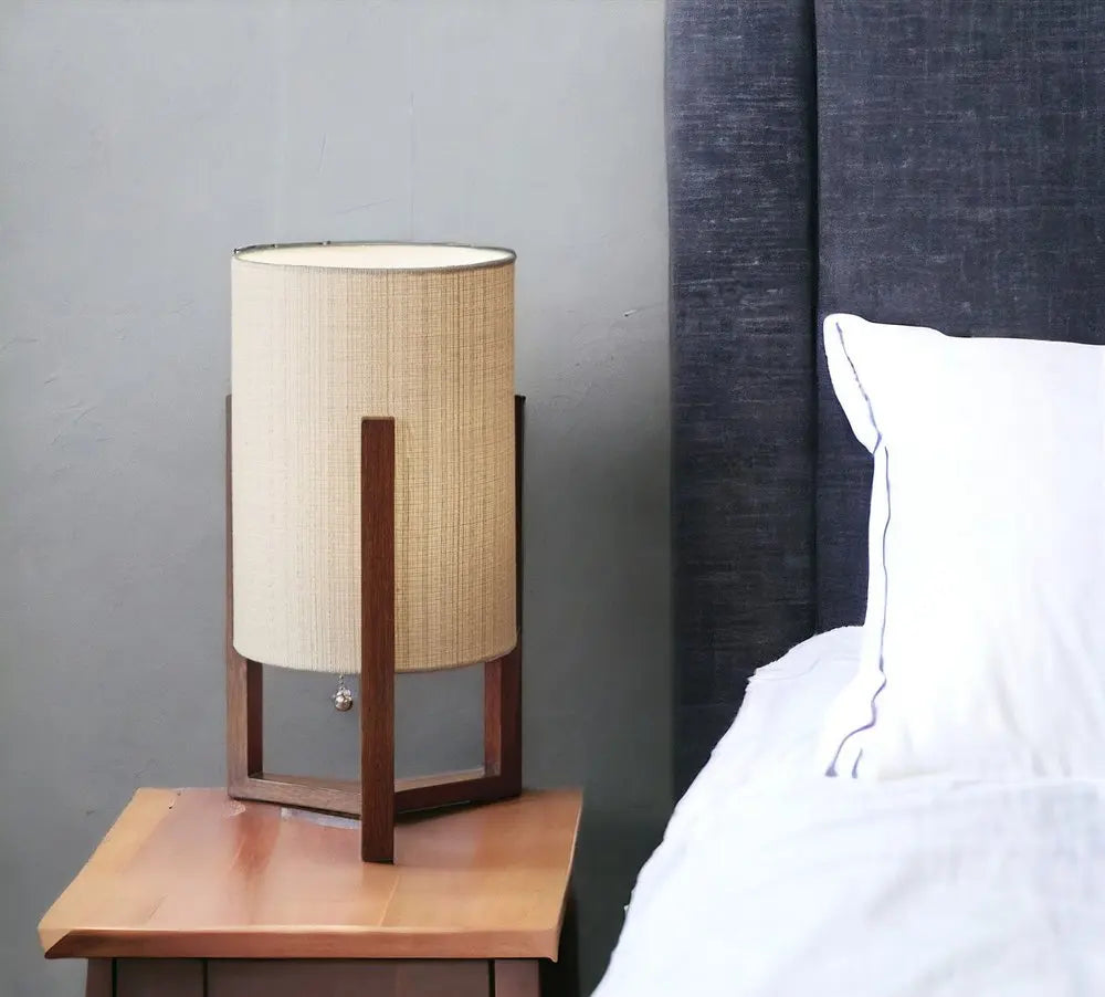 17" Brown Solid Wood Bedside Table Lamp With Natural Cylinder Shade HomeRoots