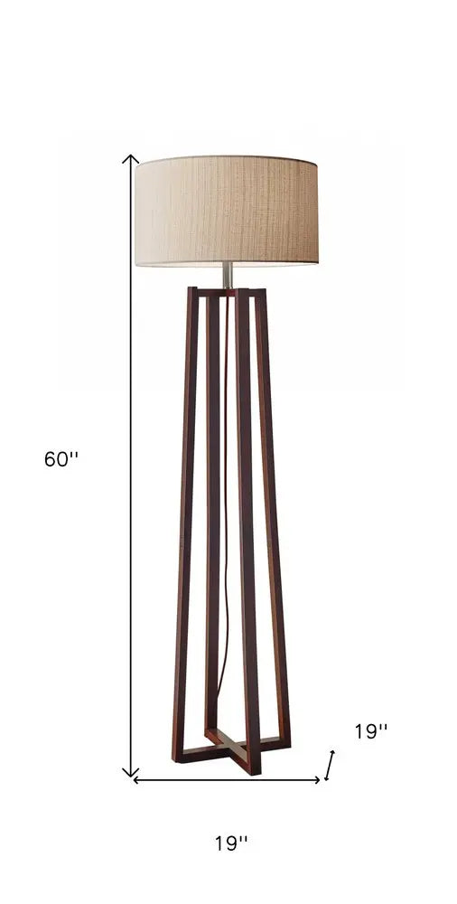 60" Brown Solid Wood Novelty Floor Lamp With Beige Fabric Drum Shade HomeRoots