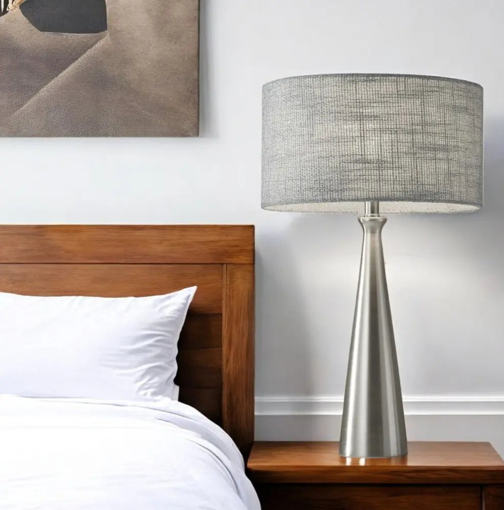 22" Silver Metal Table Lamp With Gray Drum Shade HomeRoots