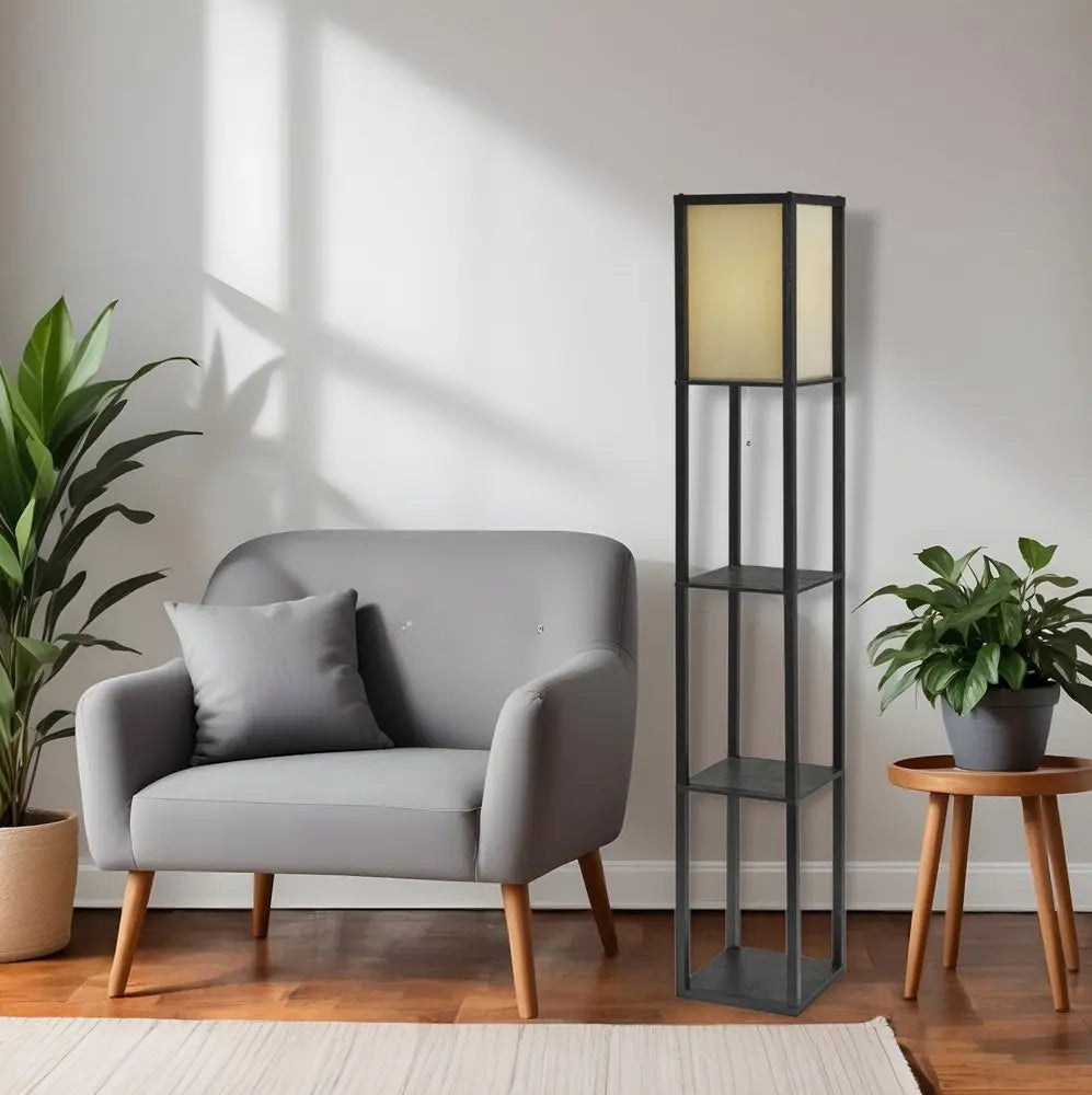 63" Black And White Solid Wood Column Floor Lamp With White Fabric Square Shade HomeRoots