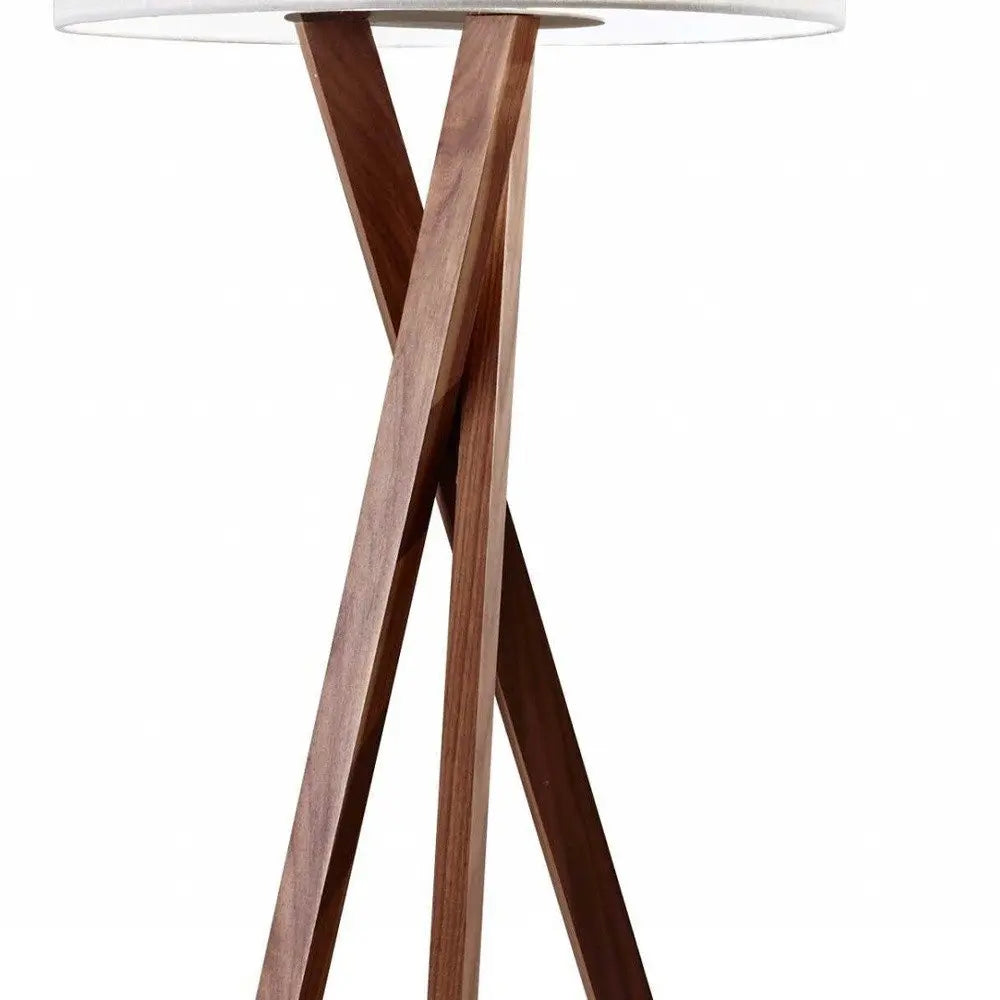 63" Brown And White Solid Wood Tripod Floor Lamp With White Linen Drum Shade HomeRoots