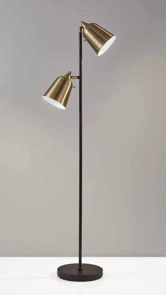 58" Black Two Light Task Floor Lamp With Antiqued Brass Metal Cone Shade HomeRoots
