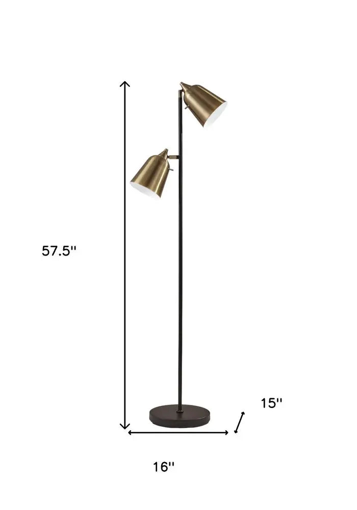 58" Black Two Light Task Floor Lamp With Antiqued Brass Metal Cone Shade HomeRoots