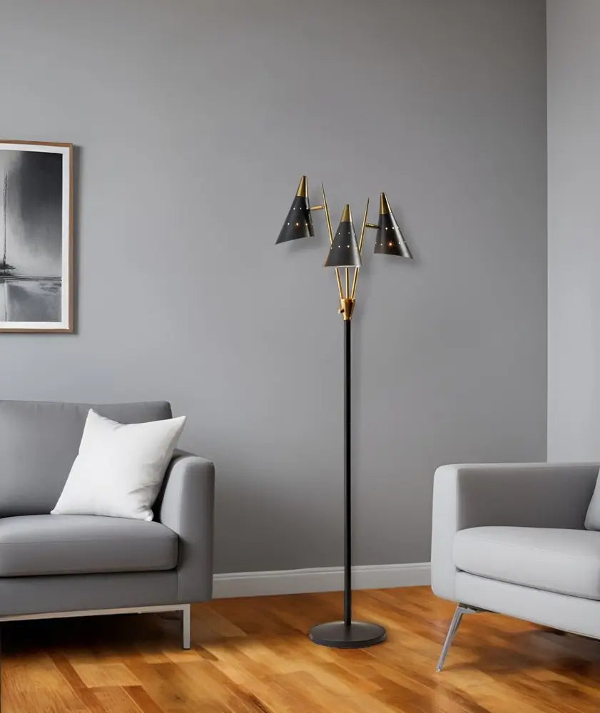 66" Black And Gold Metal Three Light Novelty Floor Lamp With Black Metal Cone Shade HomeRoots