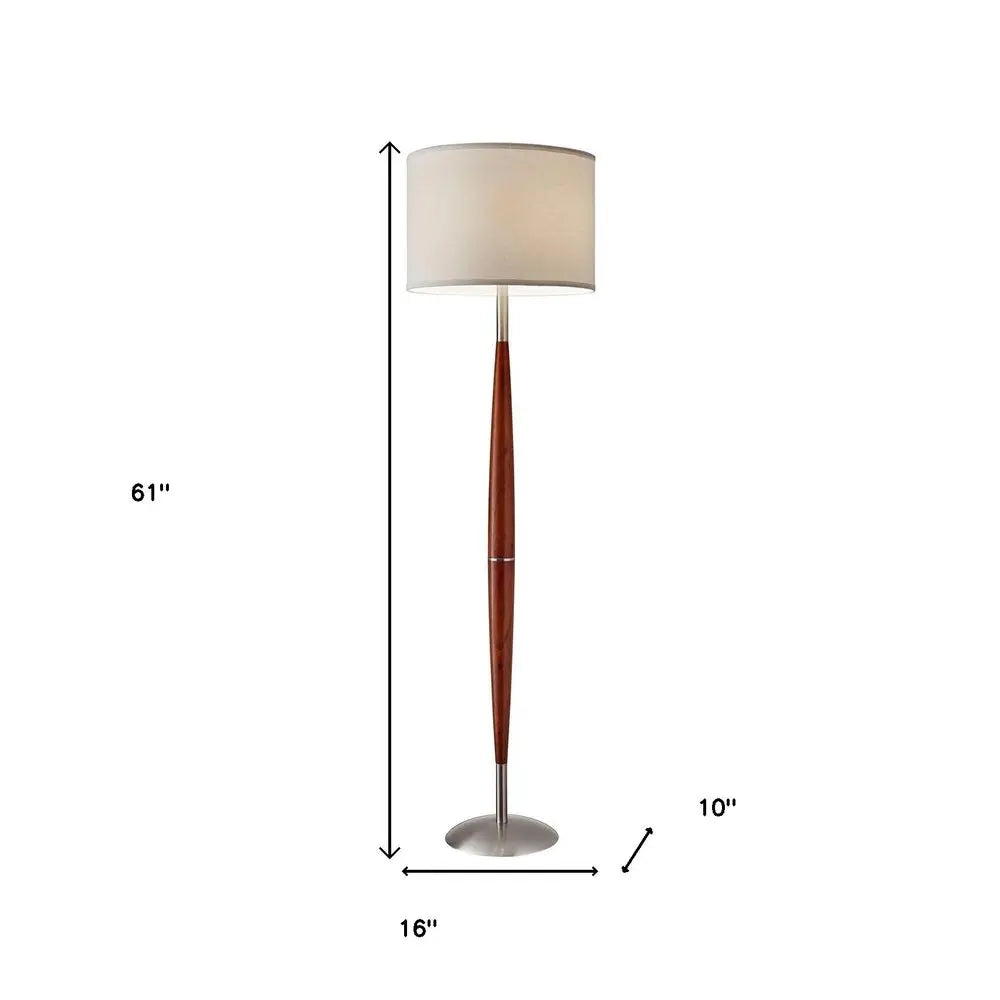 61" Brown And White Solid Wood Floor Lamp With White Fabric Drum Shade HomeRoots