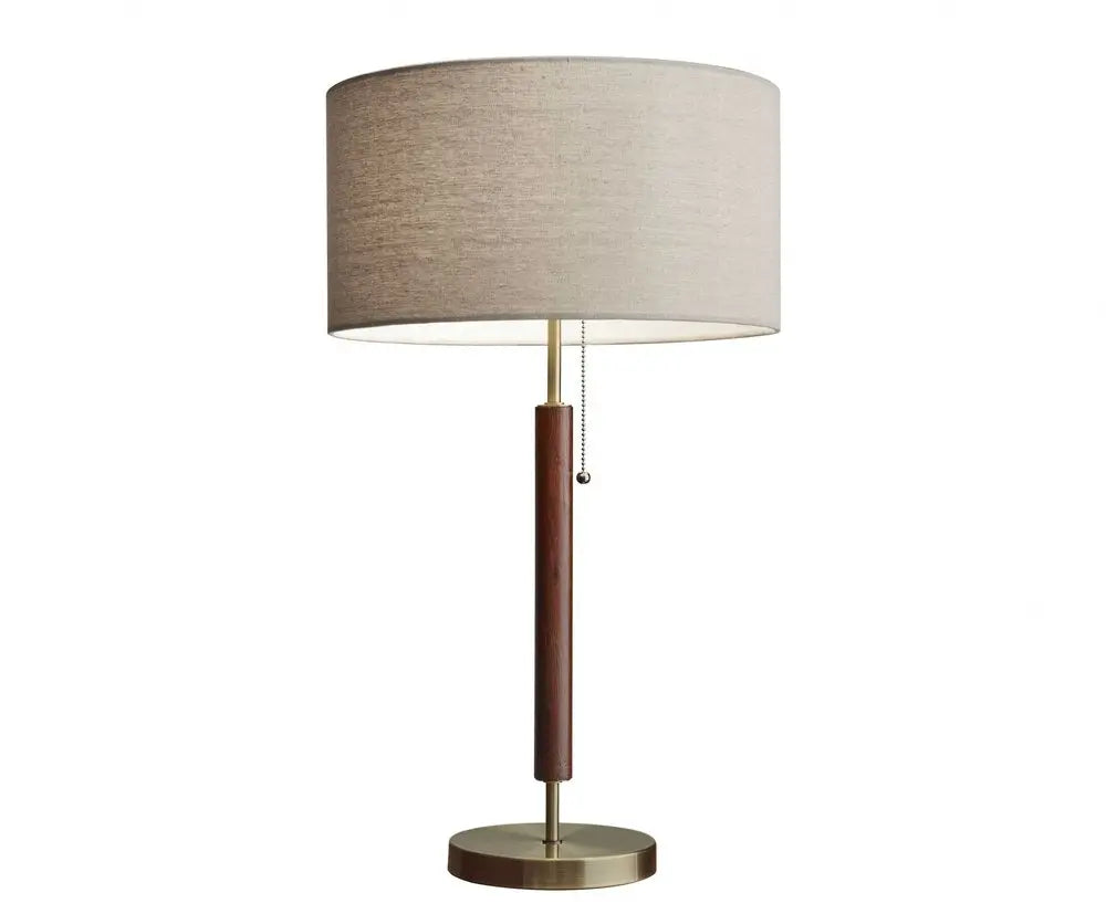 26" Antiqued Brass Solid Wood Table Lamp With Beige Drum Shade HomeRoots