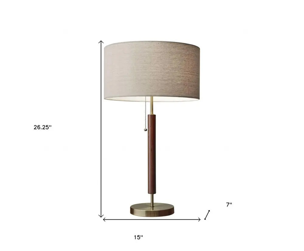 26" Antiqued Brass Solid Wood Table Lamp With Beige Drum Shade HomeRoots