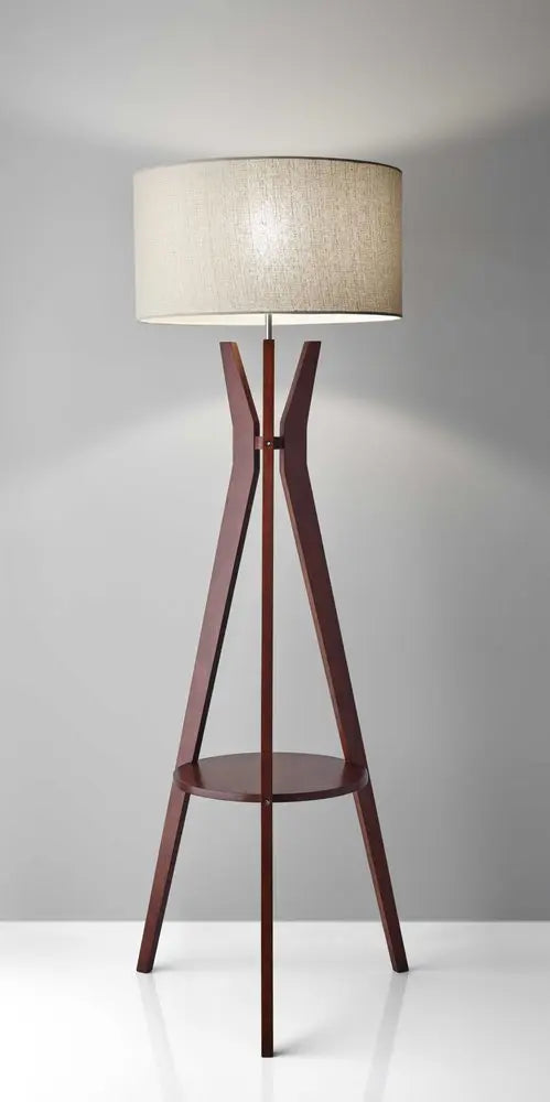 60" Brown And White Solid Wood Tripod Floor Lamp With White Fabric Drum Shade HomeRoots
