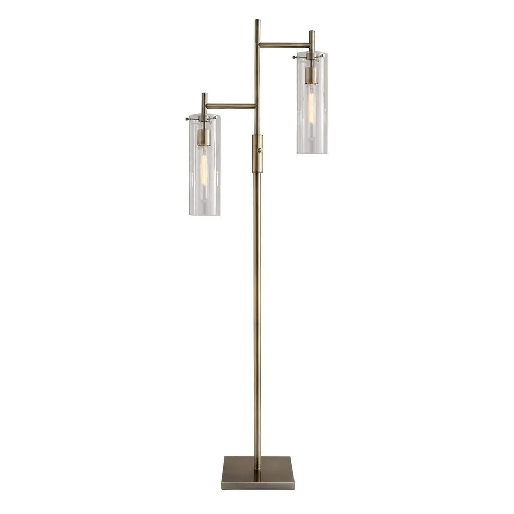 64" Brass Two Light Novelty Floor Lamp With Clear Glass Drum Shade HomeRoots