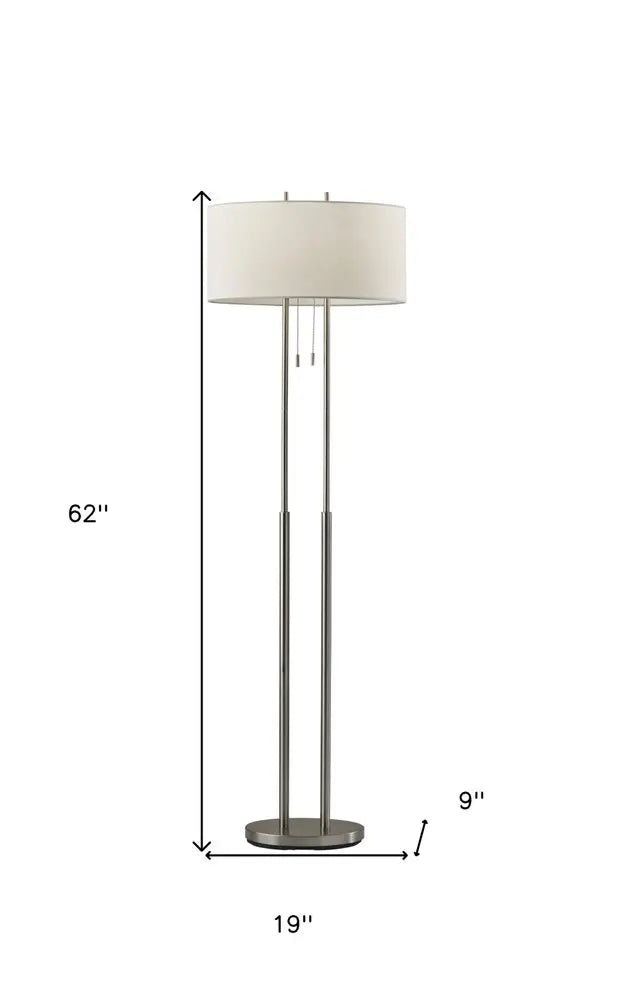 62" Silver Metal Task Floor Lamp With White Fabric Drum Shade HomeRoots