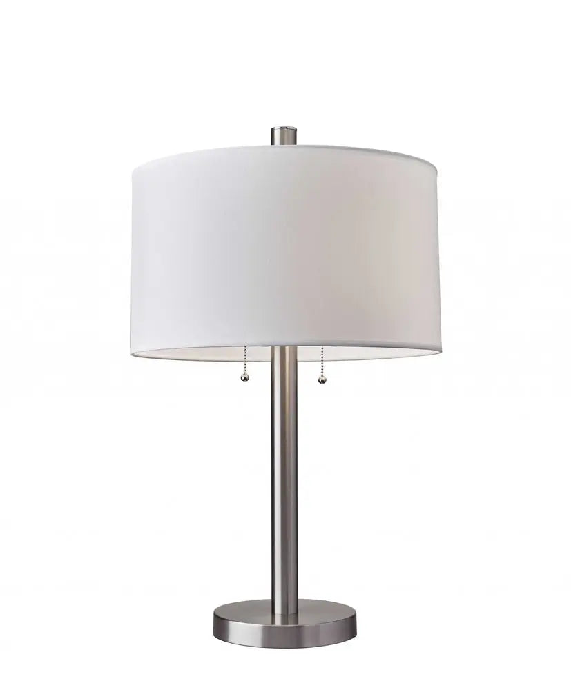 28" Silver Metal Two Light Bedside Table Lamp With White Drum Shade HomeRoots