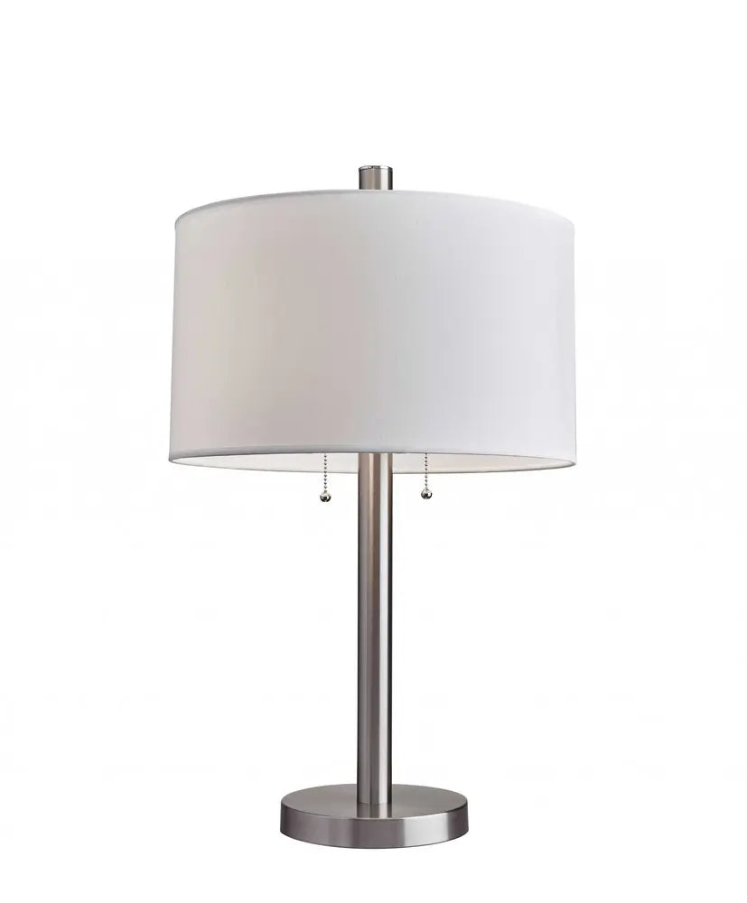 28" Silver Metal Two Light Bedside Table Lamp With White Drum Shade HomeRoots
