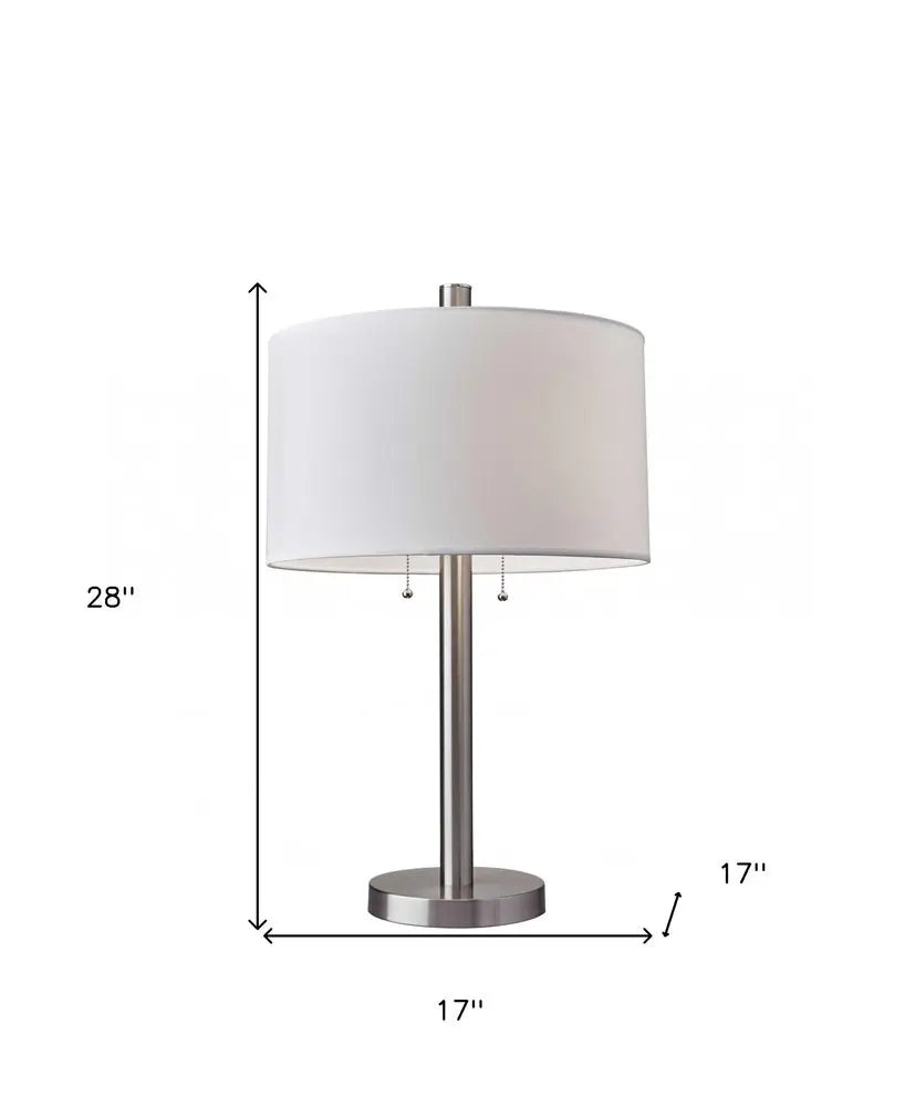 28" Silver Metal Two Light Bedside Table Lamp With White Drum Shade HomeRoots