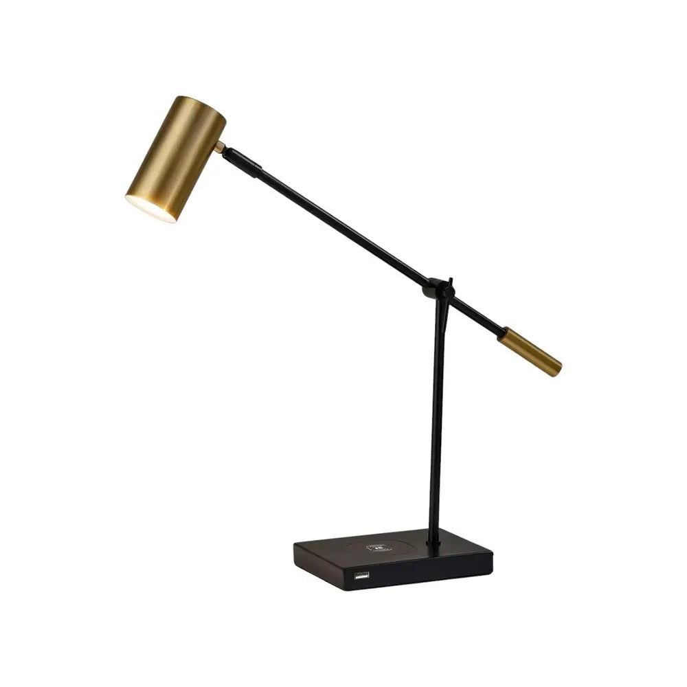 22" Black Metal Swing Arm LED Desk Lamp With USB And Antiqued Gold Cylinder Shade HomeRoots