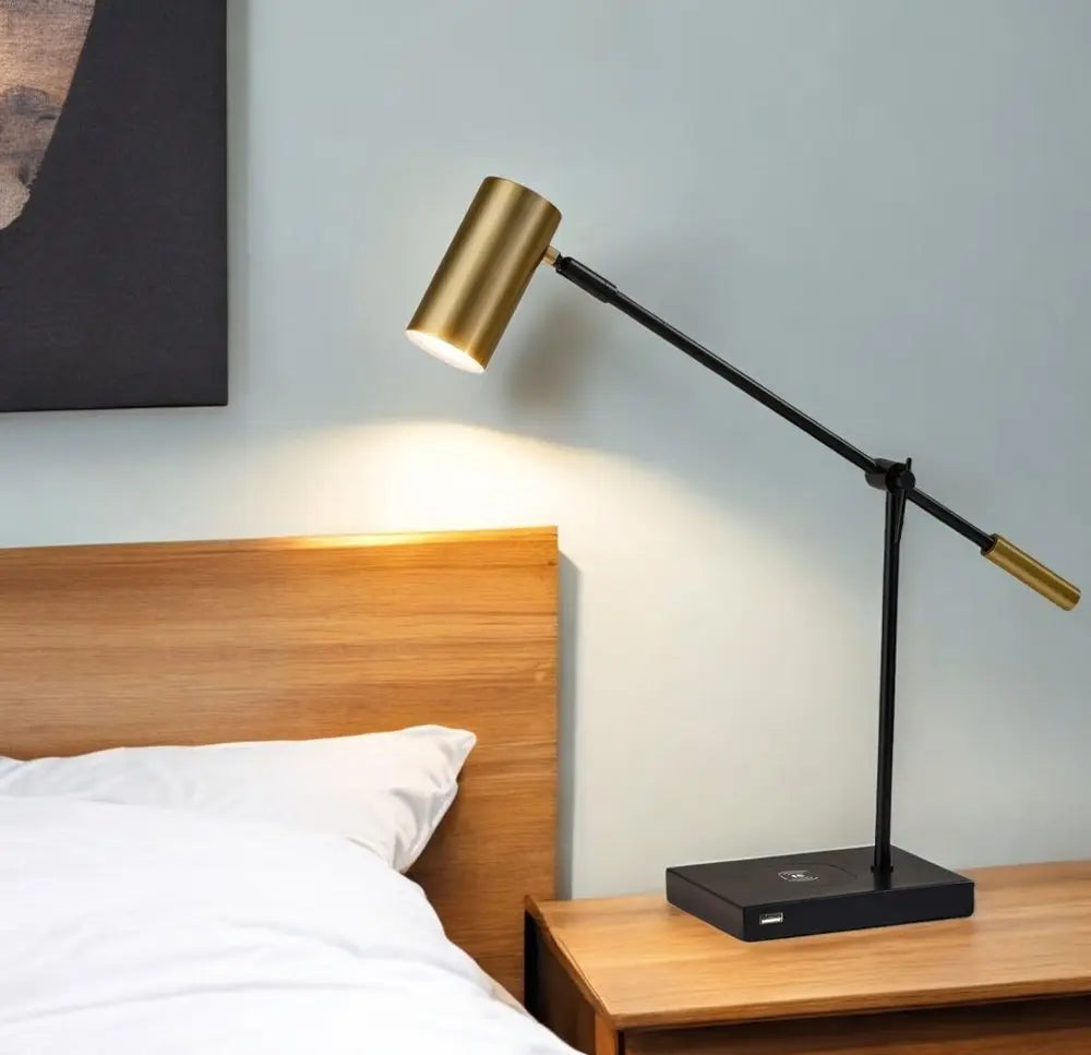 22" Black Metal Swing Arm LED Desk Lamp With USB And Antiqued Gold Cylinder Shade HomeRoots