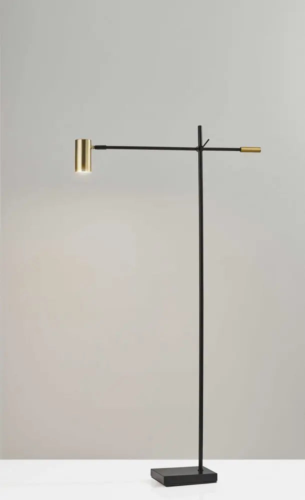63" Black And Gold Adjustable LED Task Floor Lamp With Antiqued Brass Metal Cylinder Shade HomeRoots