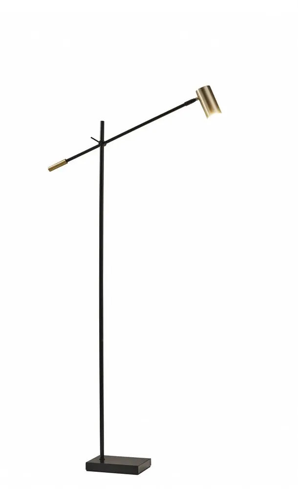 63" Black And Gold Adjustable LED Task Floor Lamp With Antiqued Brass Metal Cylinder Shade HomeRoots