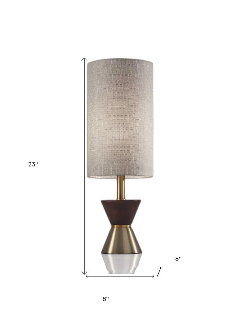 23" Brass Metal And Wood Table Lamp With Beige Drum Shade HomeRoots