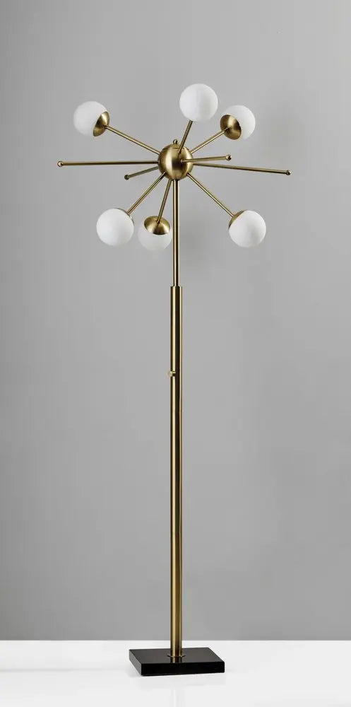 64" Brass Six Light LED Novelty Floor Lamp With White Glass Globe Shades HomeRoots