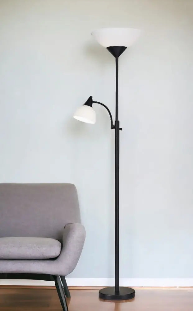 71" Two Light Torchiere Floor Lamp With White Acrylic Bowl Shades HomeRoots