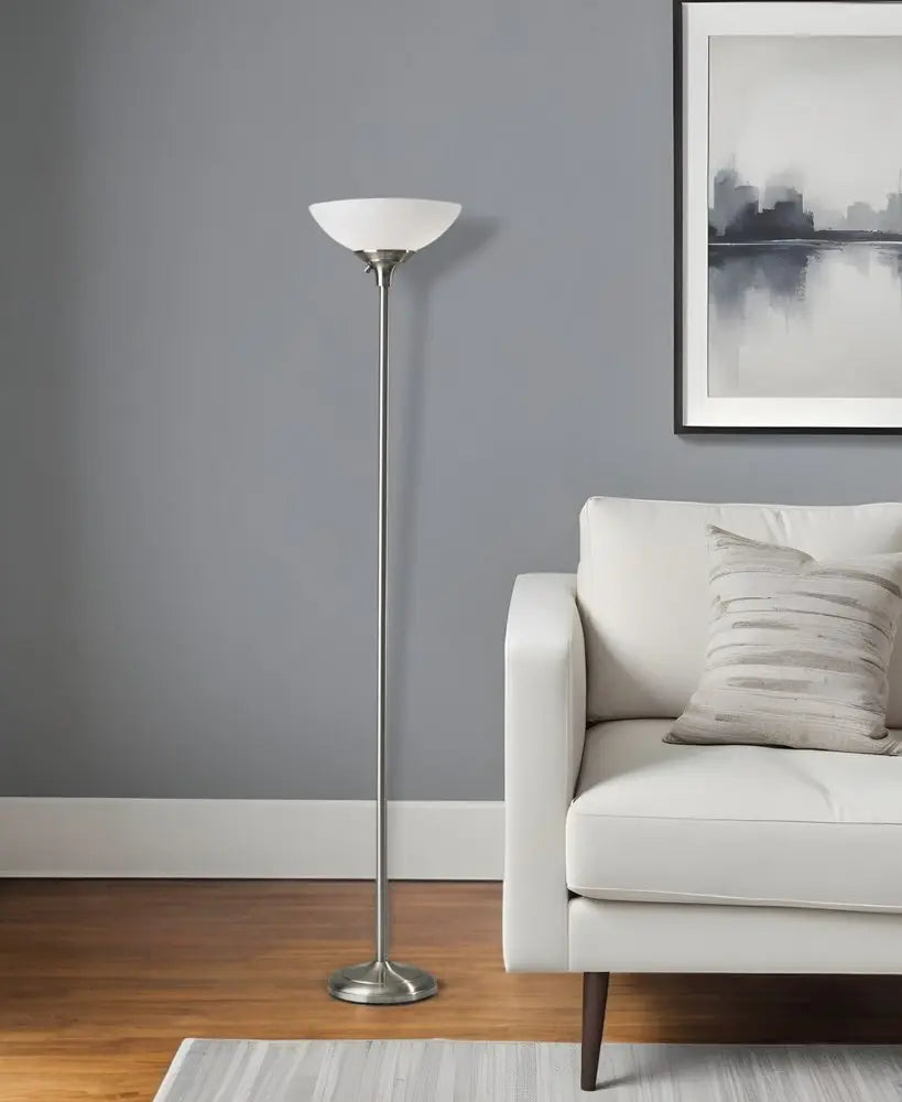 71" Silver Metal Torchiere Floor Lamp With White Bowl Shade HomeRoots