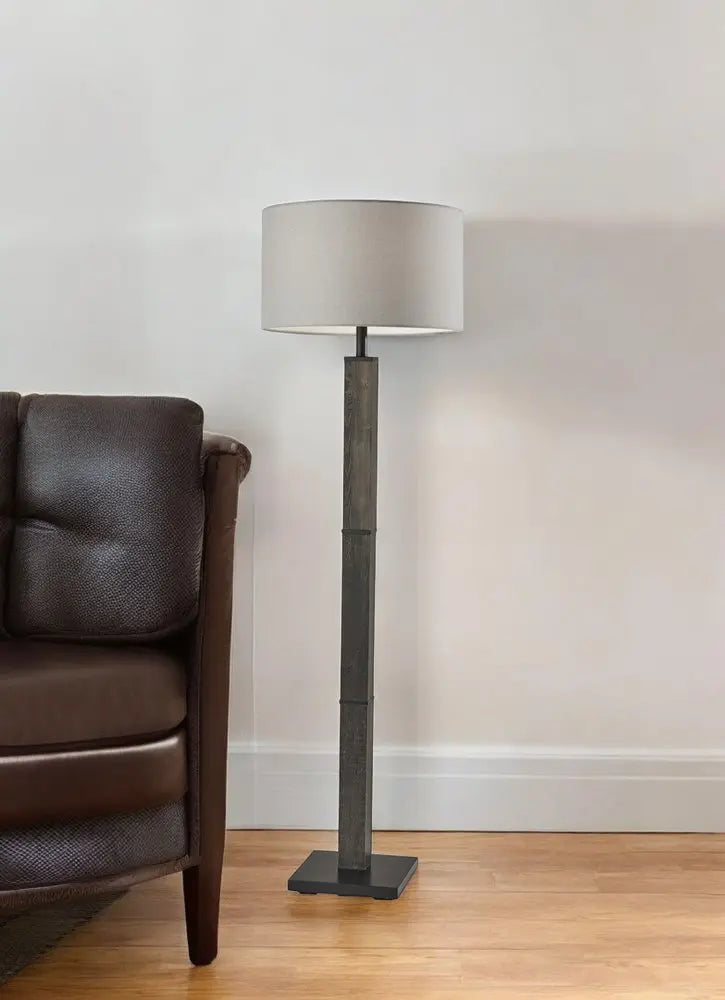 62" Black Wood And Metal Floor Lamp With Light Gray Fabric Drum Shade HomeRoots