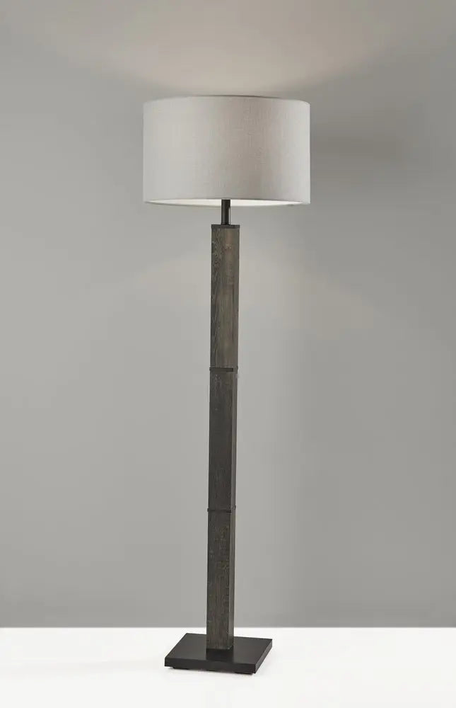 62" Black Wood And Metal Floor Lamp With Light Gray Fabric Drum Shade HomeRoots