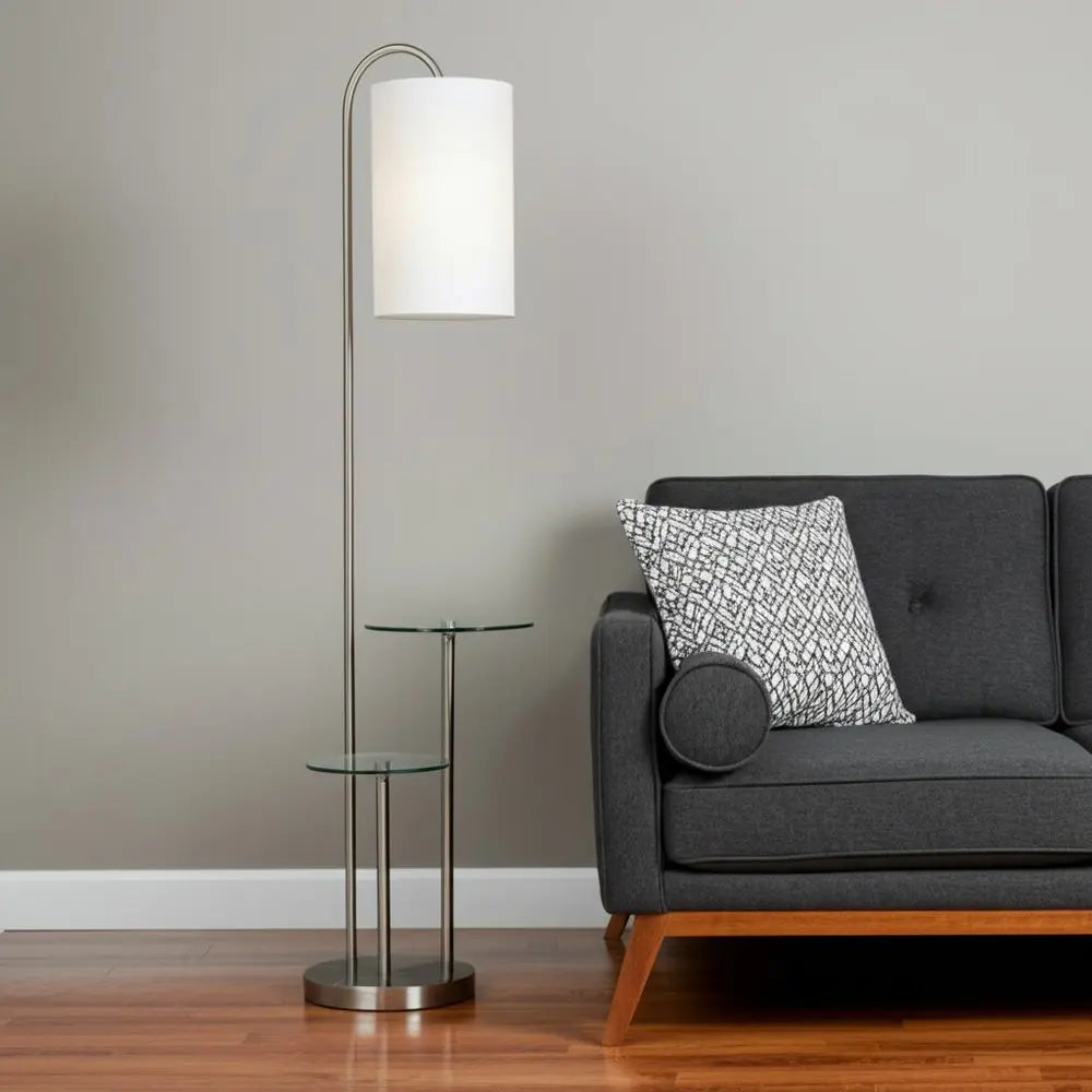 66" Silver Tray Table Floor Lamp With White Fabric Drum Shade HomeRoots