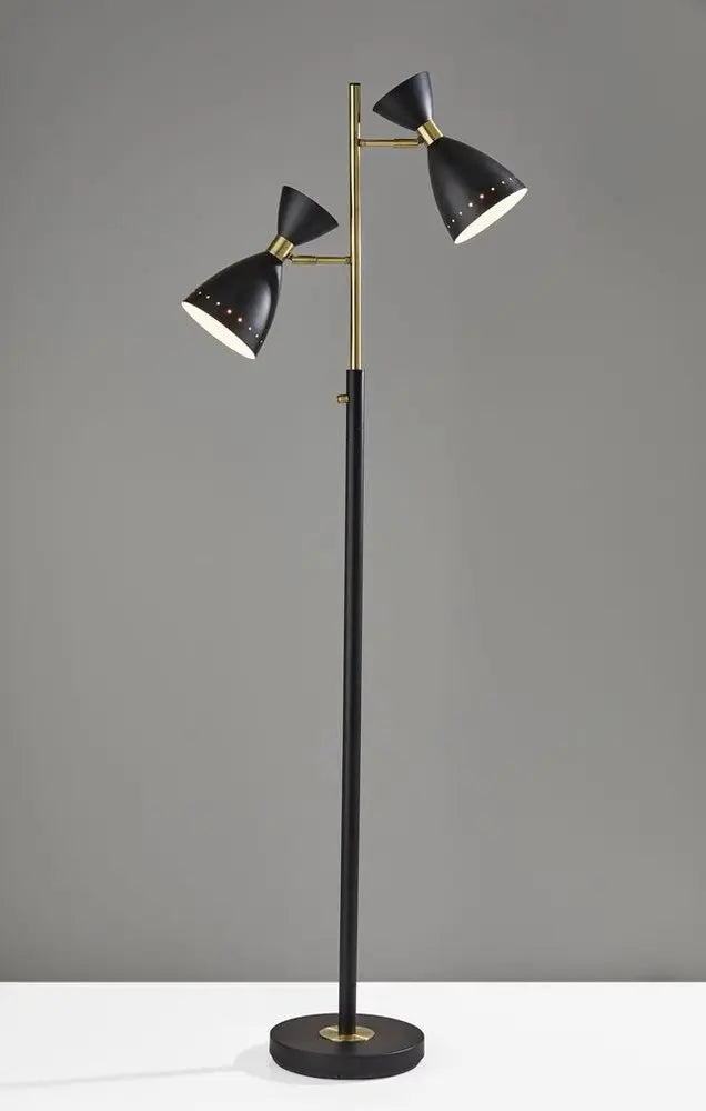 68" Black And Gold Metal Two Light Task Floor Lamp With Black Metal Cone Shade HomeRoots