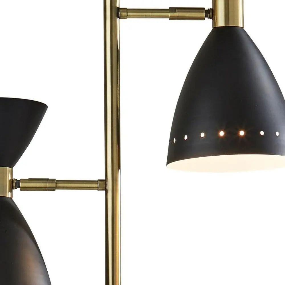 68" Black And Gold Metal Two Light Task Floor Lamp With Black Metal Cone Shade HomeRoots