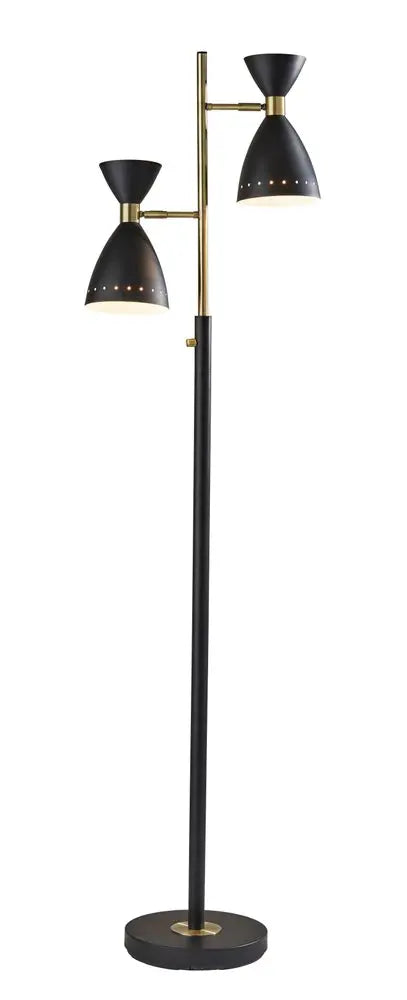 68" Black And Gold Metal Two Light Task Floor Lamp With Black Metal Cone Shade HomeRoots