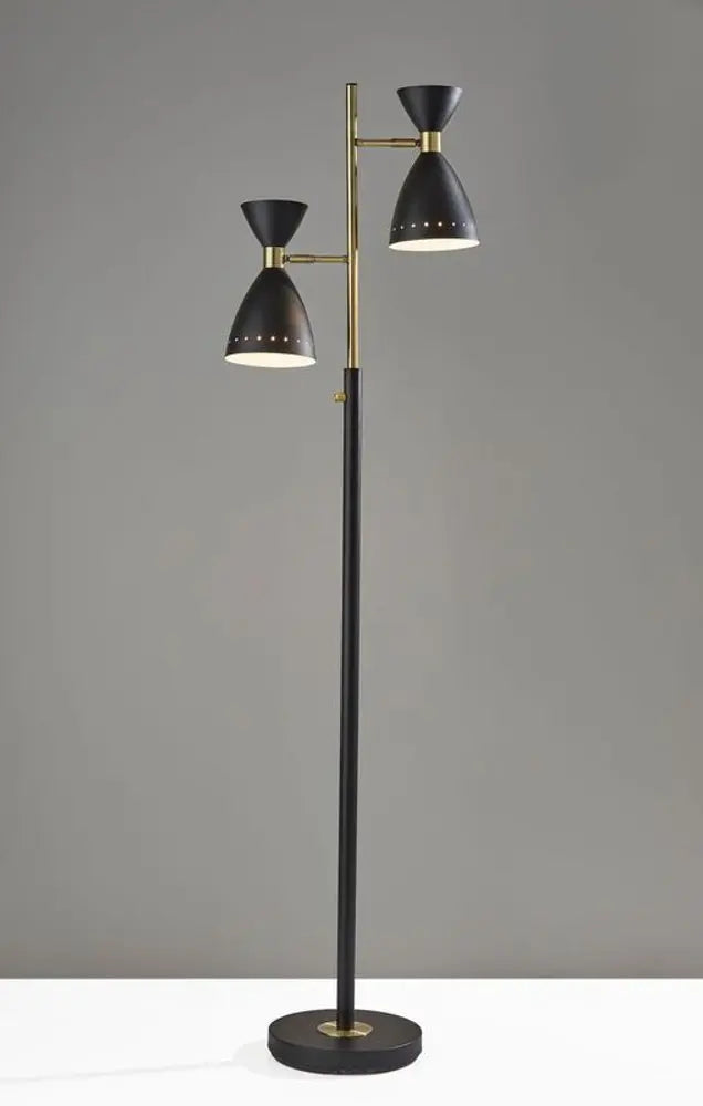 68" Black And Gold Metal Two Light Task Floor Lamp With Black Metal Cone Shade HomeRoots