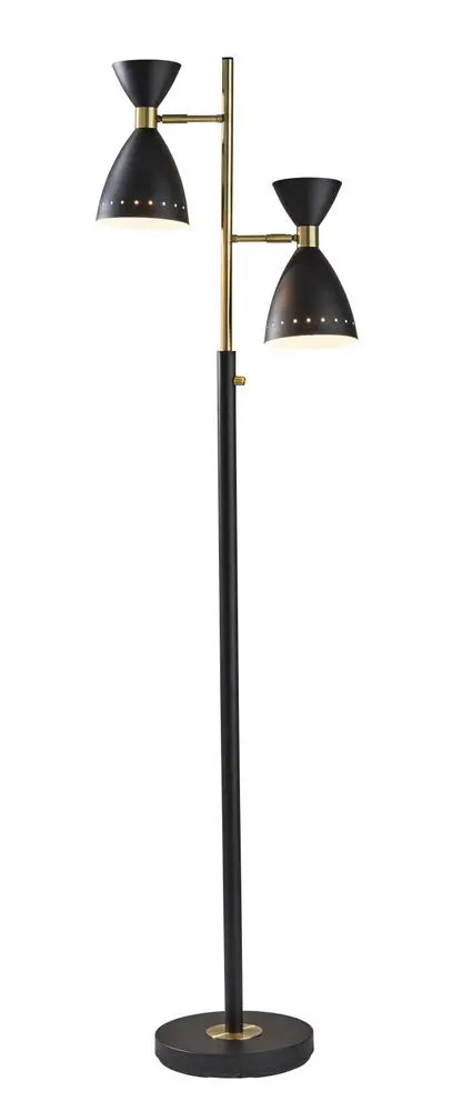 68" Black And Gold Metal Two Light Task Floor Lamp With Black Metal Cone Shade HomeRoots