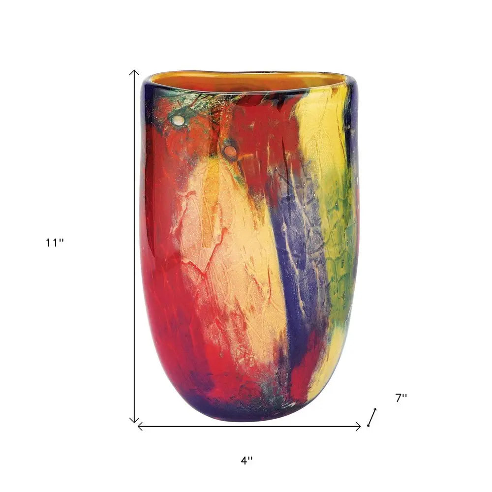 11"  Red Purple And Yellow Abstract Oval Murano Glass Table Vase HomeRoots