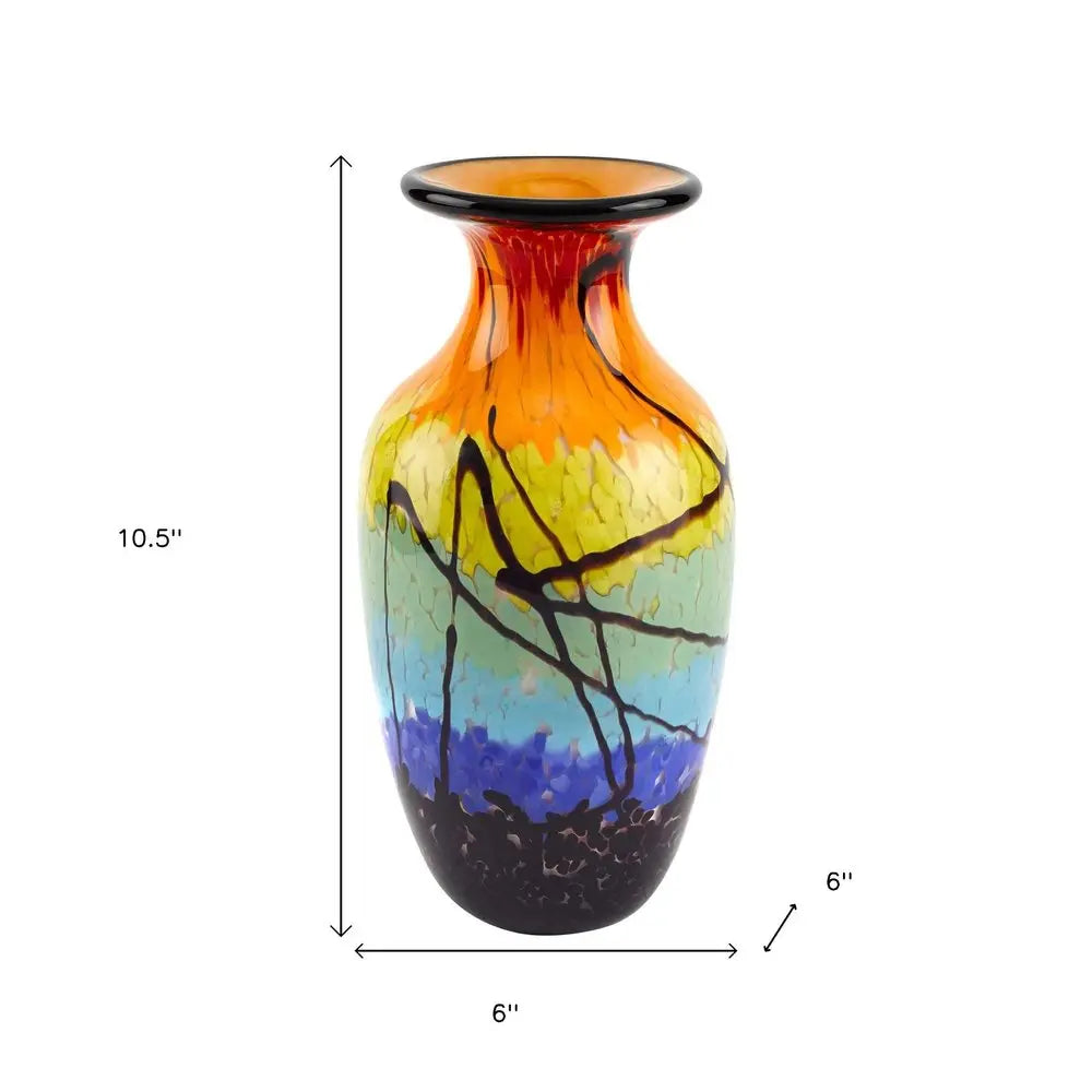 11" Black Blue Red And Yellow Abstract Urn Handblown Glass Table Vase HomeRoots
