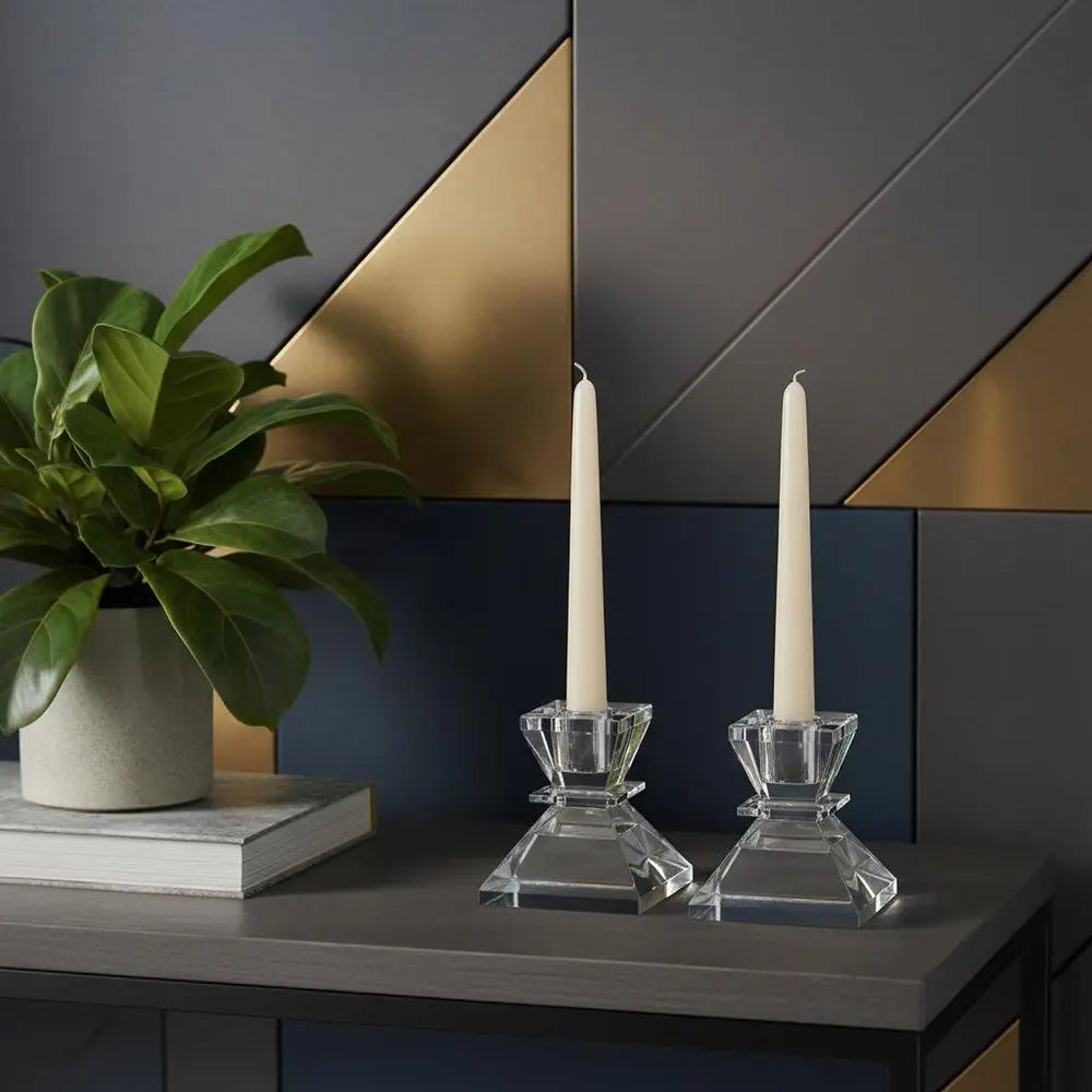 Set of Two Clear Crystal Tabletop Taper Candlesticks