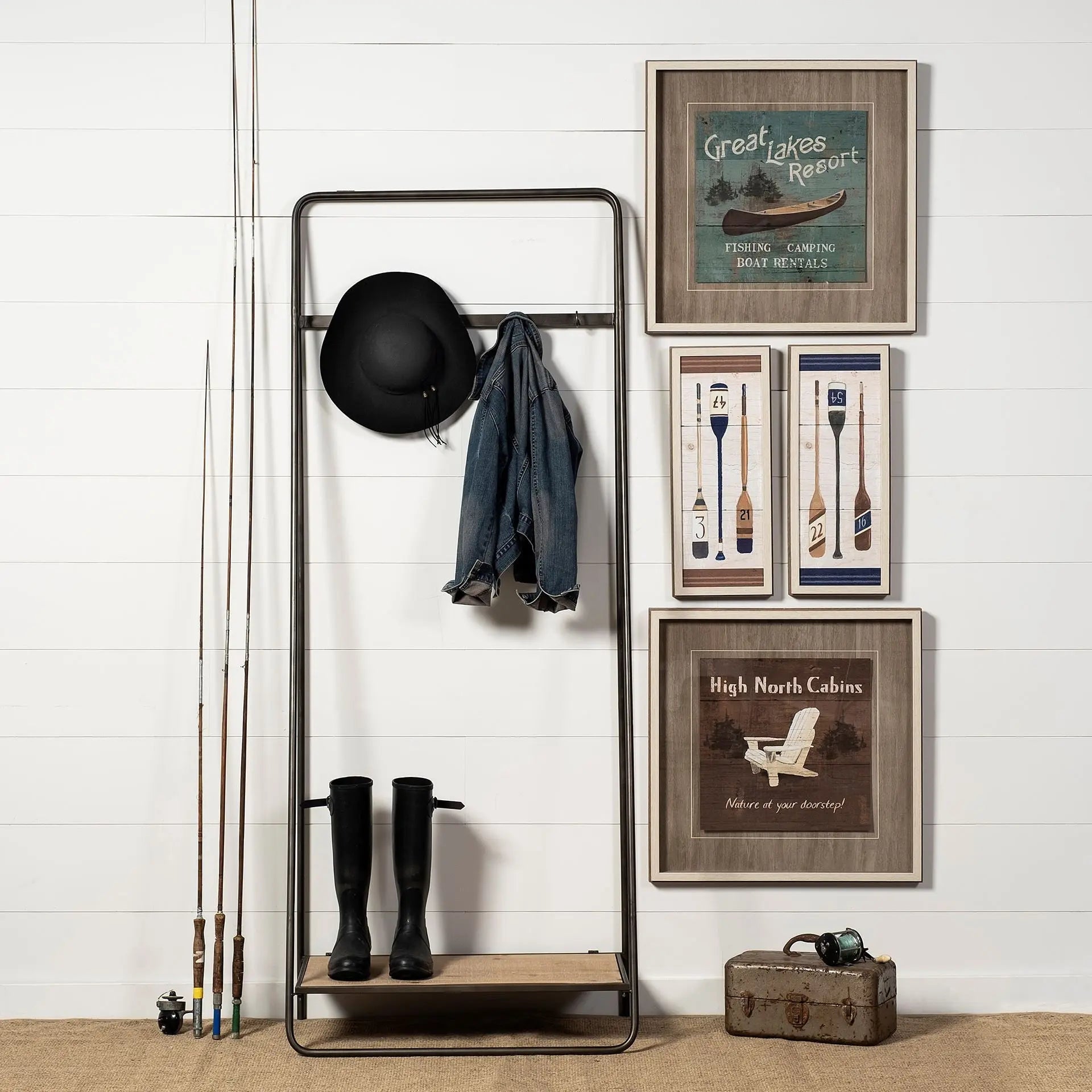 Black Pipe Metal And Wood Shelf Hall Tree HomeRoots