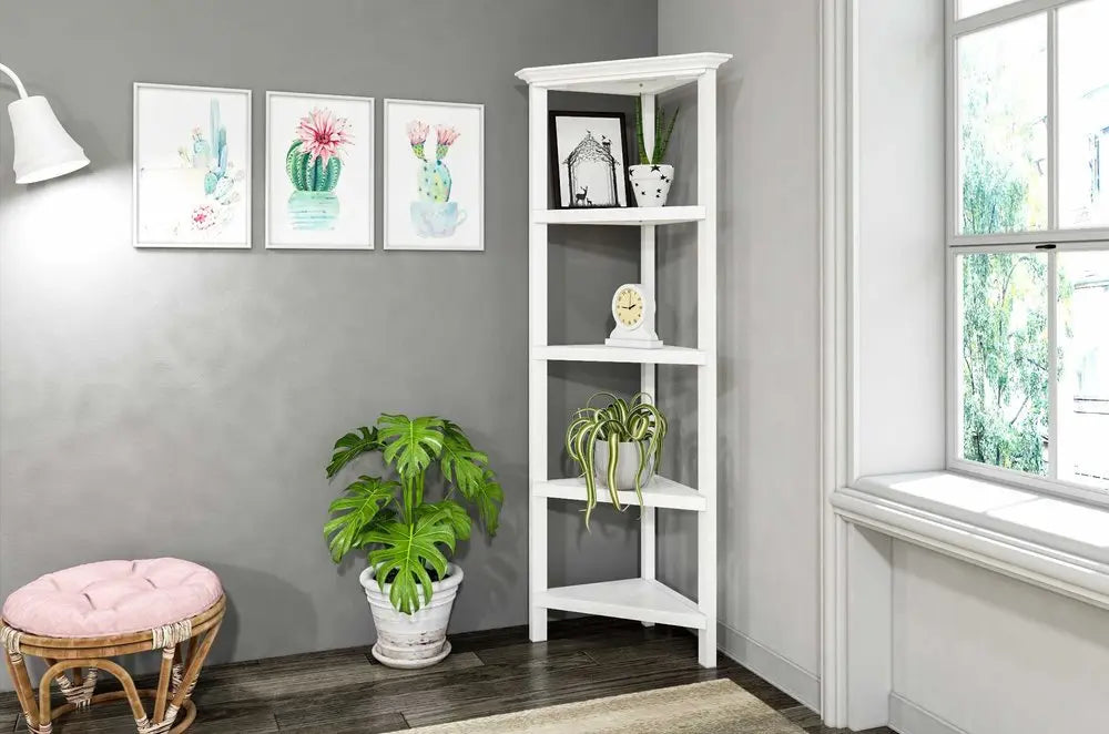 White Solid Wood Corner Bookcase HomeRoots