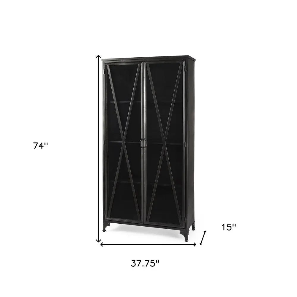 38" Black Glass and Metal Display Cabinet With Two Doors - NOBLE HOME INTERIORS