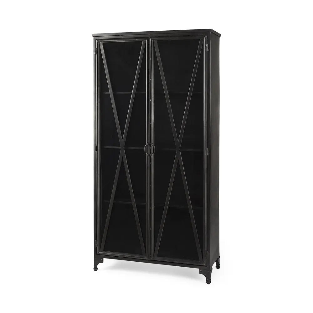 38" Black Glass and Metal Display Cabinet With Two Doors - NOBLE HOME INTERIORS