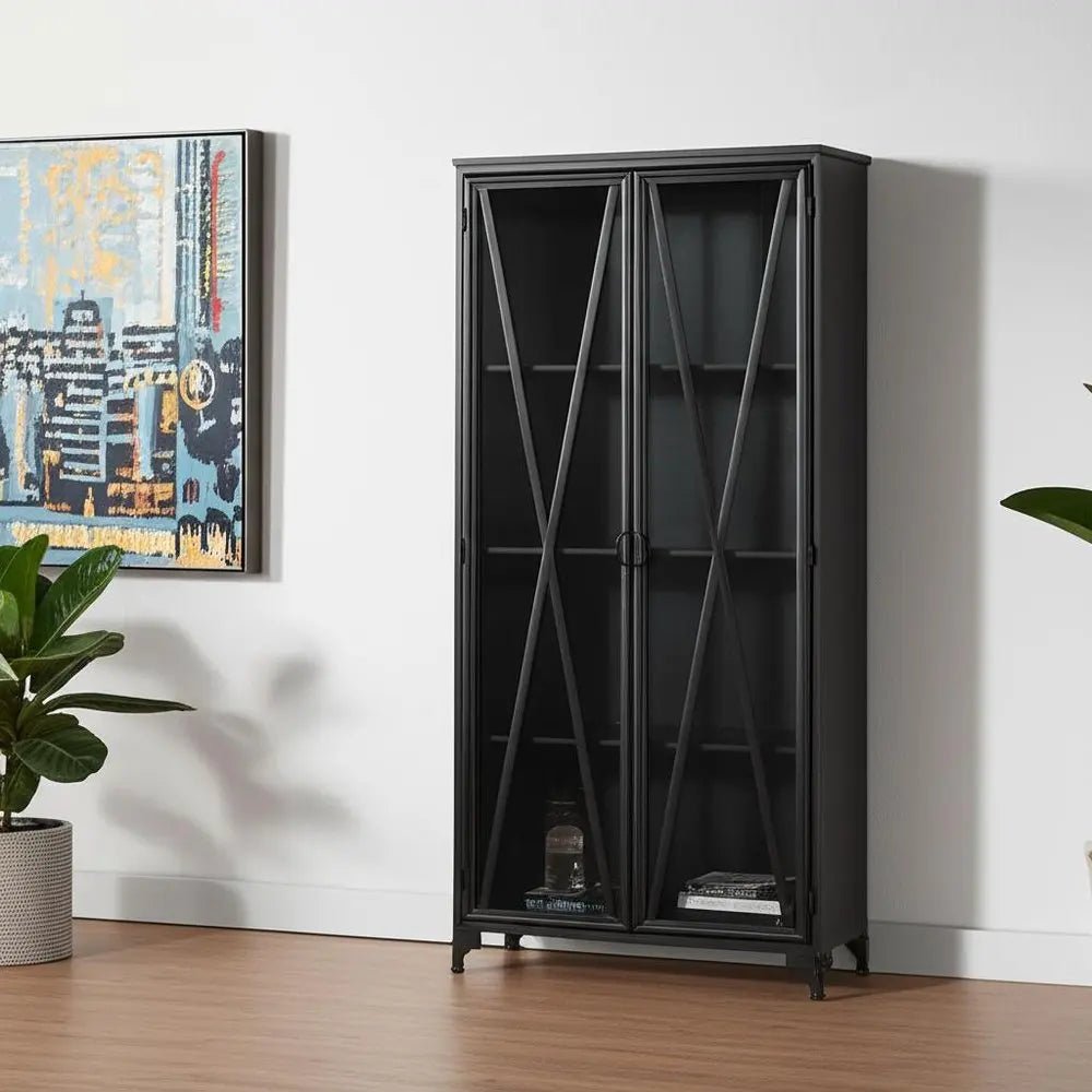 38" Black Glass and Metal Display Cabinet With Two Doors - NOBLE HOME INTERIORS