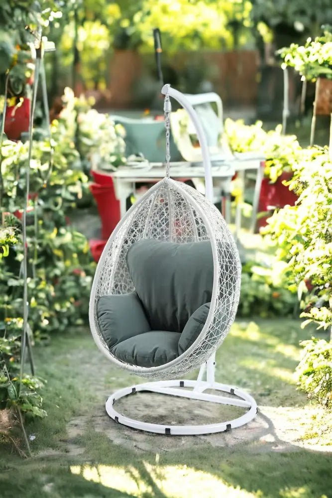 38" Black Metal Swing Chair With Beige Cushion HomeRoots