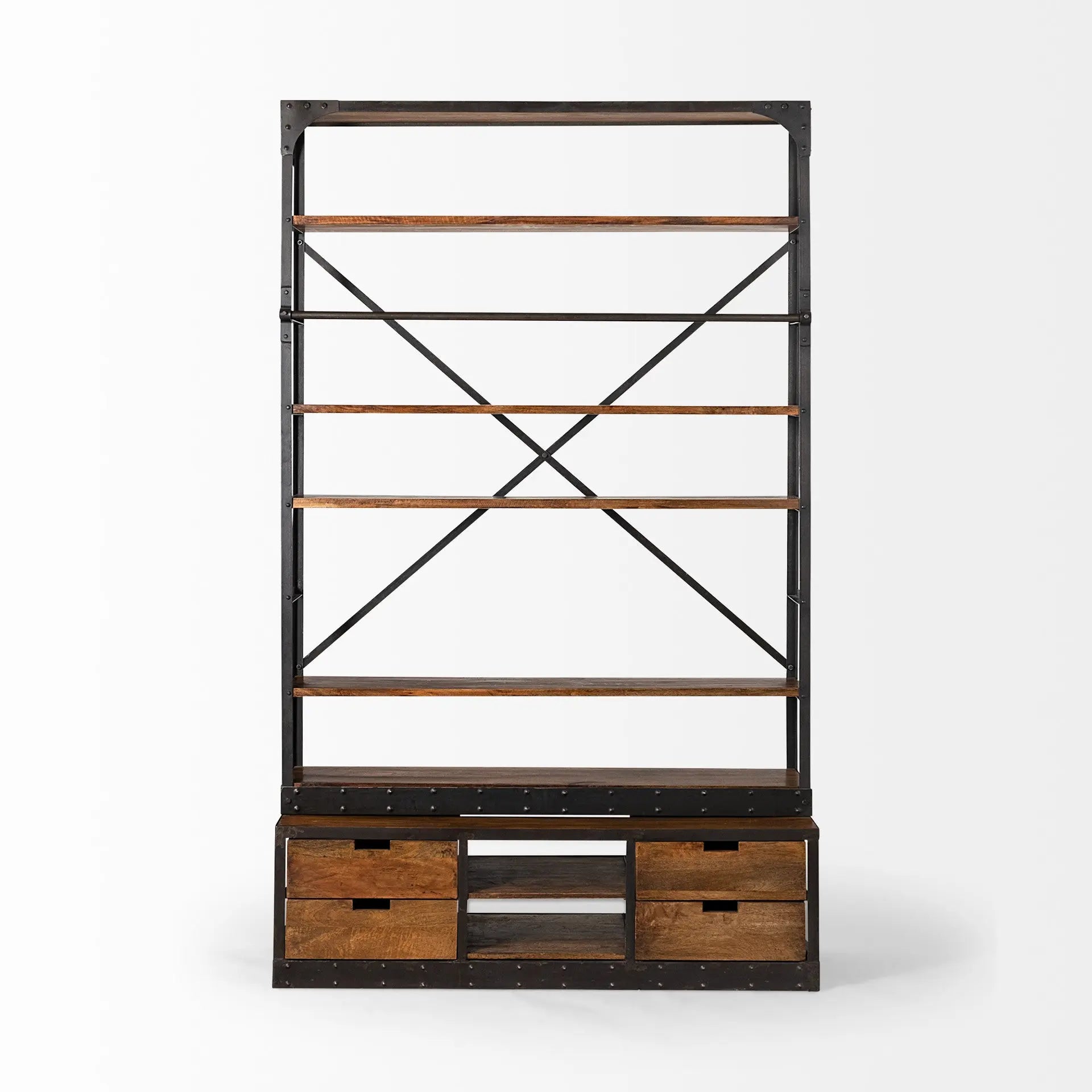 94" Black And Brown Distressed Copper and Wood Four Tier Library Bookcase with Four Drawers HomeRoots