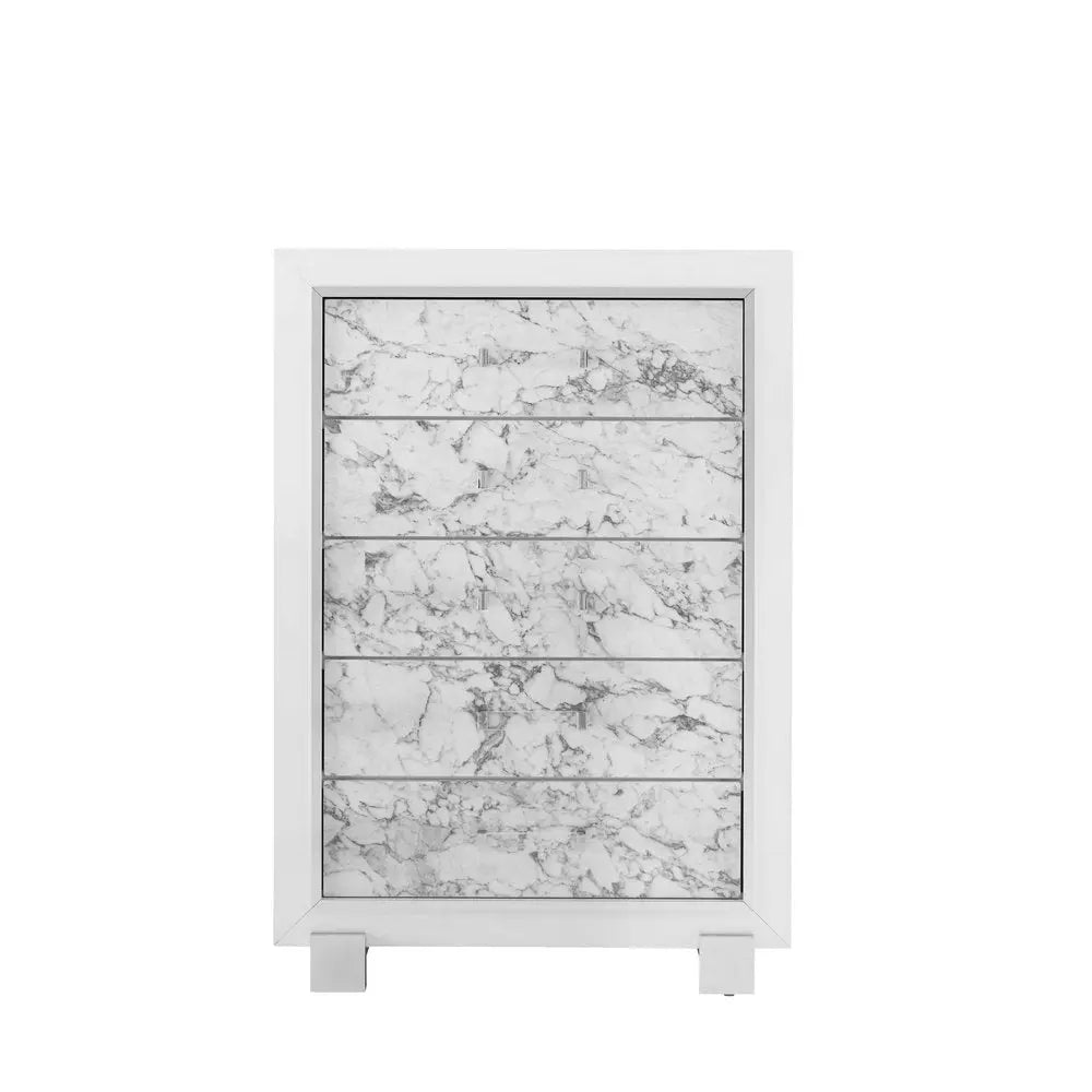 Modern White Chest With 5 Faux Marble Detailed Front Drawer. HomeRoots