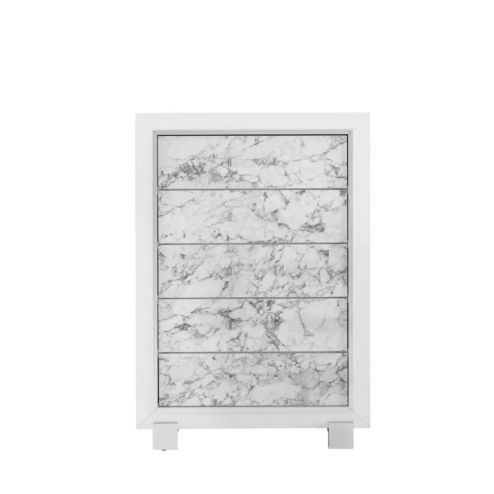 Modern White Chest With 5 Faux Marble Detailed Front Drawer. HomeRoots