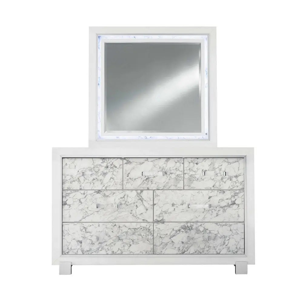 Modern White Chest With 5 Faux Marble Detailed Front Drawer. HomeRoots