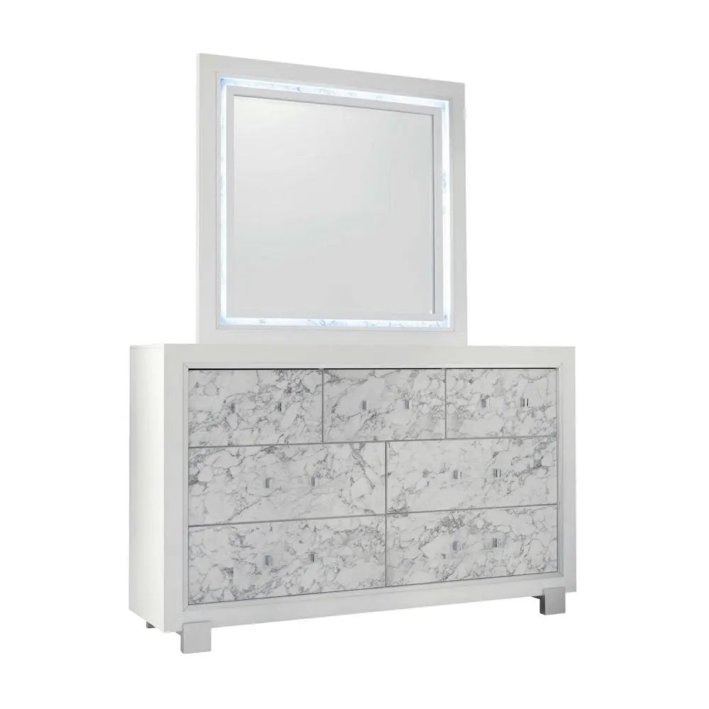 Modern White Chest With 5 Faux Marble Detailed Front Drawer. HomeRoots