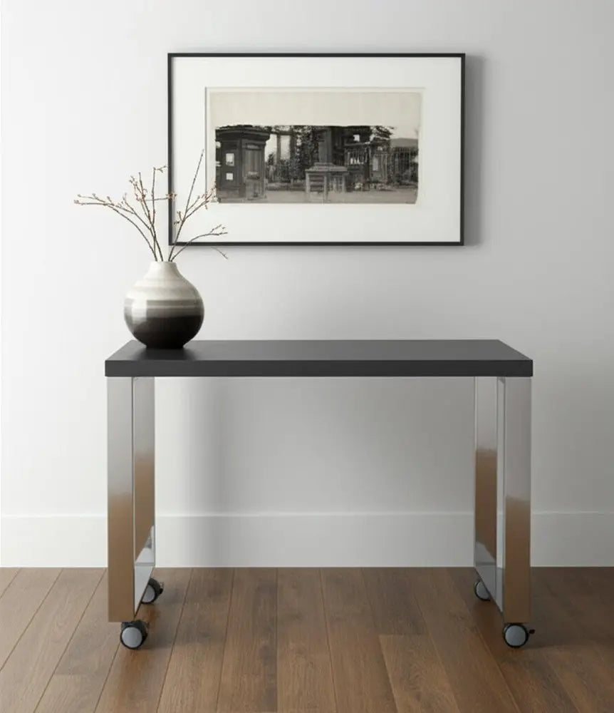 39" Gray and Silver Wood and Stainless Steel Rolling Sled Writing Desk - NOBLE HOME INTERIORS