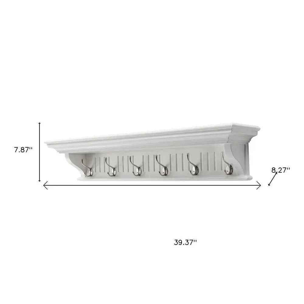 39" White Solid Wood Six Hook Wall Mount Coat Rack - NOBLE HOME INTERIORS